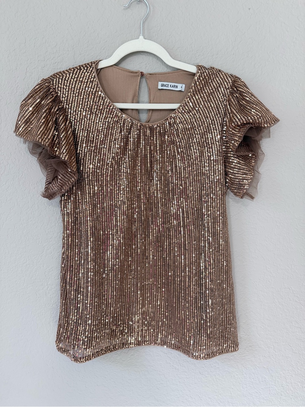 Grace Karin Rose Gold Sequin Flutter Sleeve Blouse